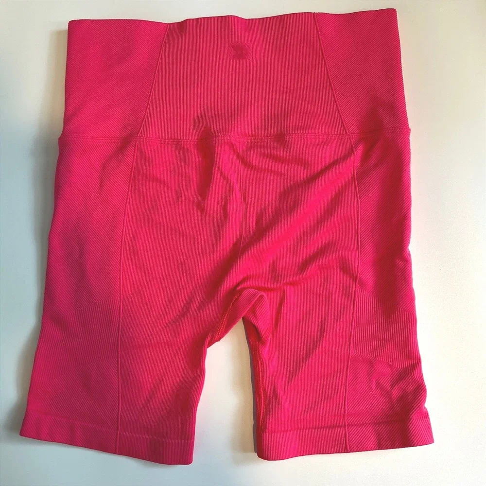 All in Motion Women L Biker Shorts Ribbed Seamless High Waisted Hot Pink Workout